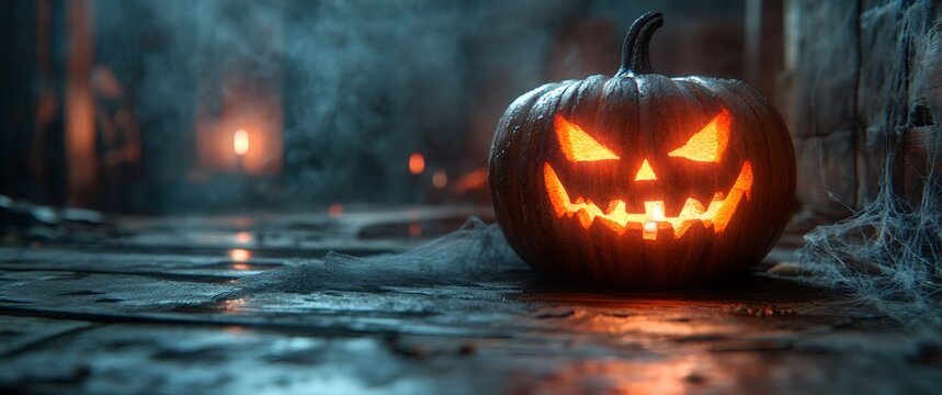 halloween product photography, highly detailed, photo-realistic top-rated product photograph of a spooky carved pumpkin with a flickering candle, set on a wooden surface with eerie shadows and cobwebs