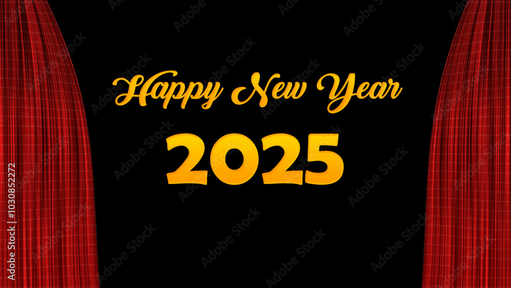 Fototapete happy new year 2025 in the middle of the curtains on both sides on background. happy new year flat a