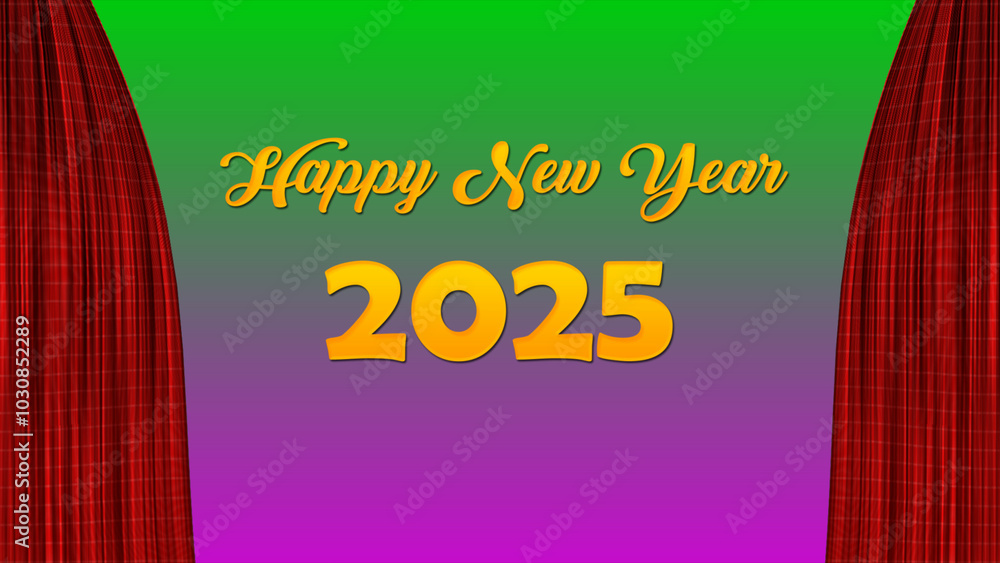 Fototapete happy new year 2025 in the middle of the curtains on both sides on background. happy new year flat a