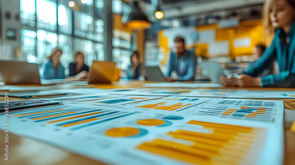 Poster business meeting with data analysis and charts on a table.