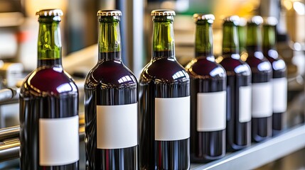 Dark red glass bottles on a production line at a modern soda factory showcasing glossy caps and vibrant reflections