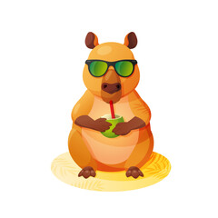 Vector portrait of capybara in sunglasses drinking coconut cocktail isolated on white