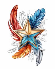 Obraz premium Vibrant star emblem amidst colorful feathers a celebration of nature and artistic expression