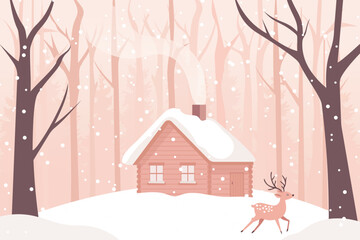 Santa Claus house in winter forest with cute reindeer surrounded by forest and snowdrifts. Christmas landscape of winter fairy-tale forest. Vector illustration for holiday design.