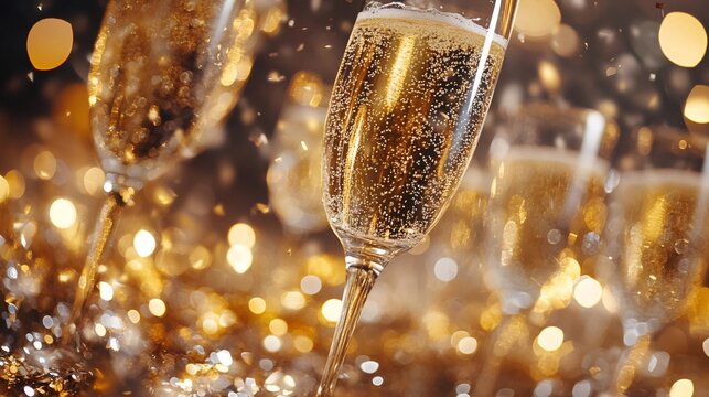 party decorations, highly rated adobe image capturing shiny gold and silver new years eve decorations with streamers, confetti, and champagne glasses