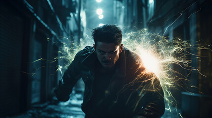Cinematic scene with character with superpowers fighting on the street with lightning