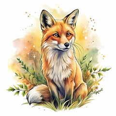 Obraz premium Artistic fox illustration with a curious expression on a colorful watercolor background
