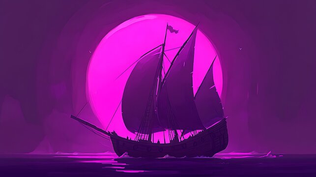 A silhouette of a sailing ship against a large pink moon.