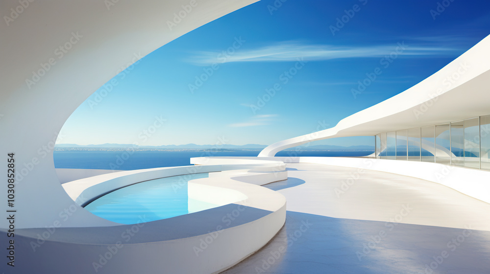 Poster Abstract architecture scene with smooth curves. Abstract background with futuristic building in white and blue colors.