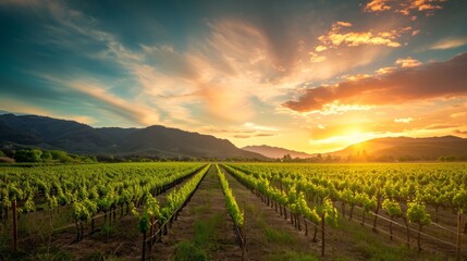 Captivating Spring Scenery: Majestic Sunset Over Napa Valley Vineyards & Mountains -
