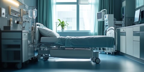 a room in a hospital clinic with a bed and some medical equipment