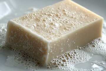 Naklejka premium Bar of soap on a soap dish with suds forming around it after use.
