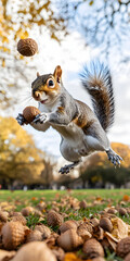 Obraz premium Esquilo energético coletando bolotas no outono
