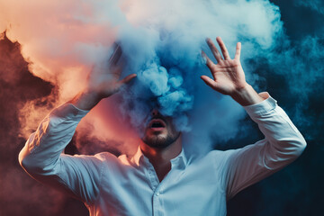 surreal image of a man with his face obscured by vibrant blue and orange smoke, hands raised as if navigating through the haze. Perfect for themes of confusion, mental overwhelm,  emotional struggle