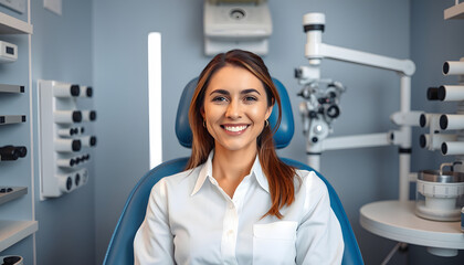 Fototapeta premium Happy smiling cute lady in white shirt sitting in blue medicine chair in doctor optometrist cabinet isolated with white highlights, png
