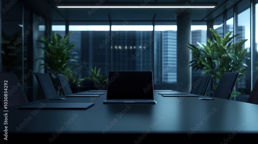 Poster laptop computer with opened lid on table in meeting room of office workspace.