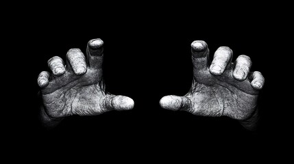 Two hands reaching out from darkness, grasping towards the viewer.
