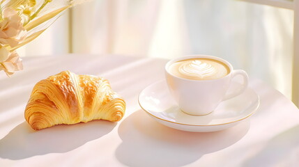 Golden Hour Croissant and Latte: A picture-perfect pairing of a buttery croissant and a creamy latte, bathed in the warm glow of morning sunlight.  The perfect image for cafes, bakeries.