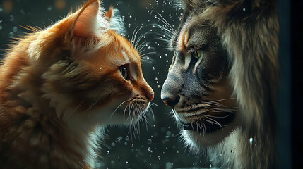 Fototapeta premium A close-up of a cat and a lion gazing at each other.