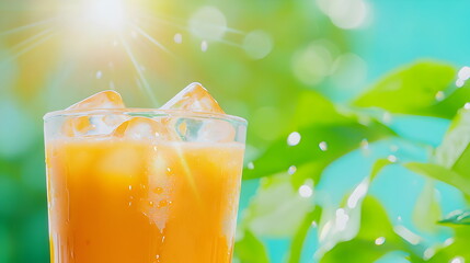 Sun-Kissed Refreshment:  A close-up of a refreshing iced beverage, with sparkling bubbles and ice, bathed in warm sunlight. Perfect for summer vibes, thirst quenching, and relaxation.