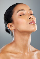 Relax, makeup or calm woman with skincare or facial glow in studio on grey background. Dermatology...