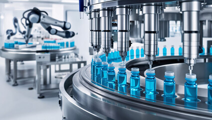 High-Tech Pharmaceutical Facility A Circular Assembly Line with Robotic Arms Dispensing Liquid into Transparent Vials, Highlighting Advanced Technology and Cleanliness