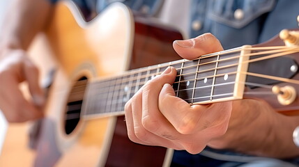 Fototapeta premium Close-up of a Guitarist's Hands: A detail shot of someone playing an acoustic guitar, capturing the movement of fingers on the fretboard as they create music.