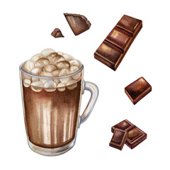 Watercolor illustration of hot chocolate. Cacao in glass mug, chocolate bars, pieces  and marshmallow. 