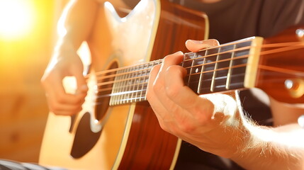 Fototapeta premium Close-up of a Guitarist's Hands: A detail shot of someone playing an acoustic guitar, capturing the movement of fingers on the fretboard as they create music.
