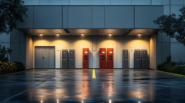 A modern building entrance with vending machines and wet pavement.