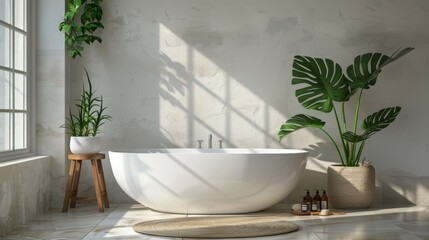 Modern Minimalist Bathroom with Freestanding Tub and Plants
