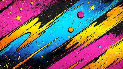 Vibrant abstract design with colorful splashes and cosmic elements.