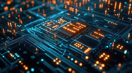 Fototapeta premium Digital binary data on microchip with glow circuit board background 