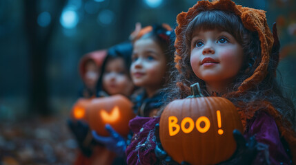 A well-lit studio scene featuring children in colorful costumes trick-or-treating, with "Boo!" glowing softly in bold, fun text.