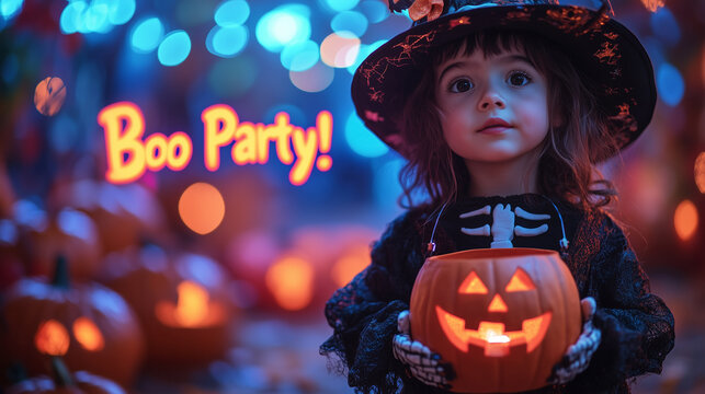 A child dressed as a skeleton holding a pumpkin bucket with "Boo Party!" glowing in bold, colorful text in the background.