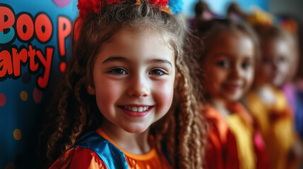 Fototapeta premium A playful group of children in colorful costumes trick-or-treating with 
