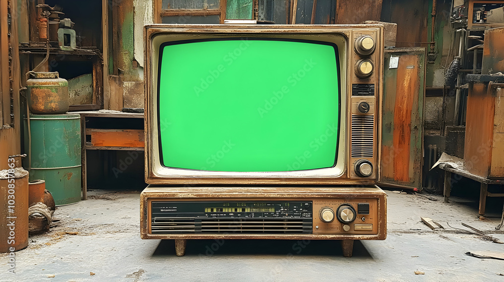 Poster an old television set with a green screen in a rustic setting.