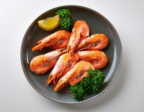Un plato con una racion de gambas cocidas sobre una mesa blanca