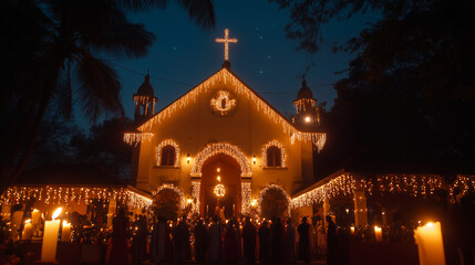 Christmas celebrations across India at midnight, churches sparkling with Christmas lights and candles in every corner, people in traditional clothing gathering outside churches, Ai generated images