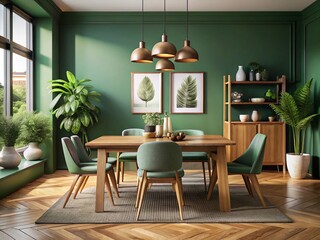 Scandinavian Mid-Century Modern Dining Room with Wooden Table and Green Wall