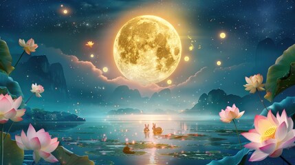 People under full moon on lake