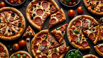 Kinds of pizza on a wooden table seen from above
