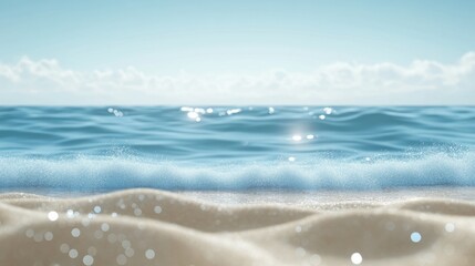 Seascape abstract beach background. blur bokeh light of calm sea and sky. Focus on sand foreground.