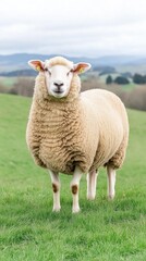 Fototapeta premium Sheep grazing peacefully in the lush green hills of New Zealand on a cloudy day with rolling mountains in the backdrop