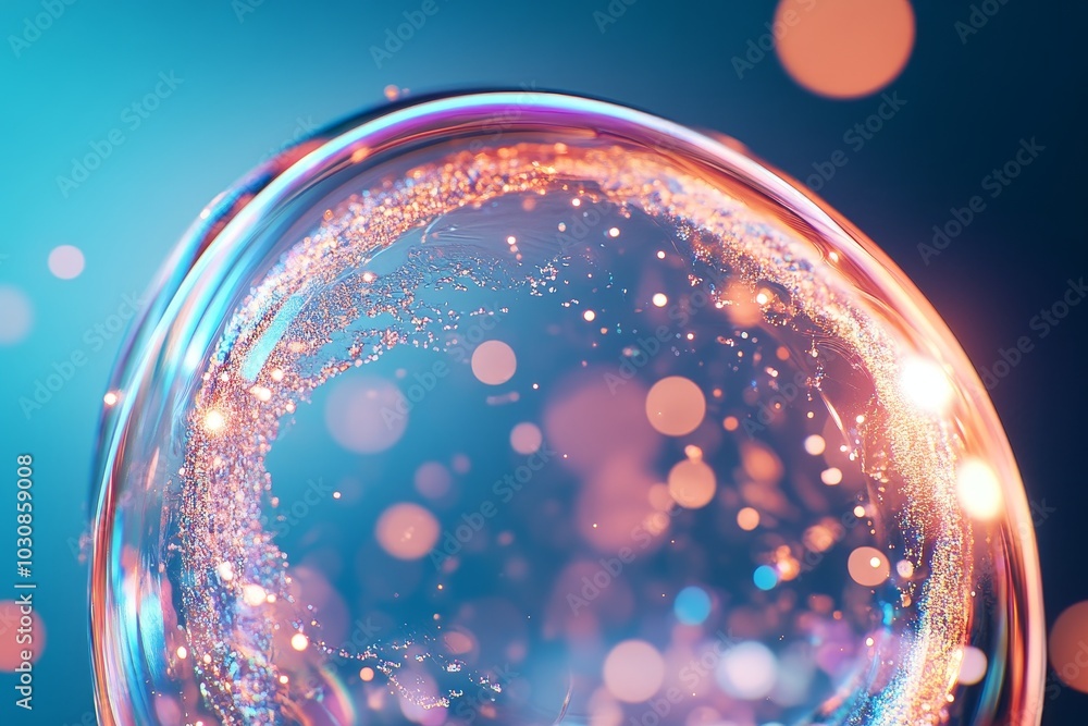 Poster a colorful soap bubble reflecting light in a dazzling display of swirling colors and shimmering part