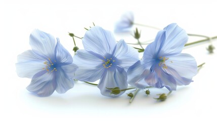 Delicate Blue Flax Flowers on White Background - Floral Photography