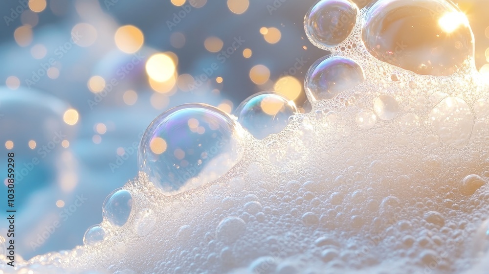 Poster Close-up of delicate soap bubbles glistening in sunlight with soft foam surrounding them, creating a tranquil atmosphere