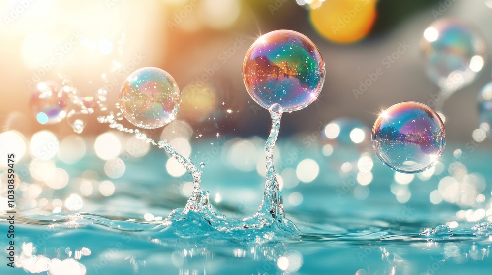 Poster colorful bubbles emerging from water splashes in a sunlit setting with a shimmering background atmos
