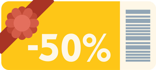 Yellow discount coupon offering fifty percent off for products and services with barcode and decorative bow