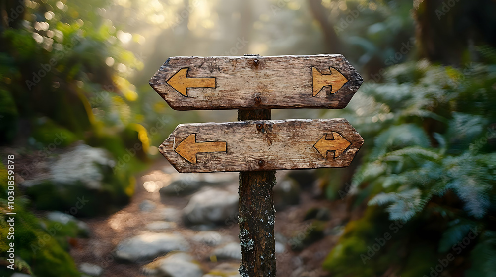 Poster a wooden signpost with arrows indicating two paths in a forest.